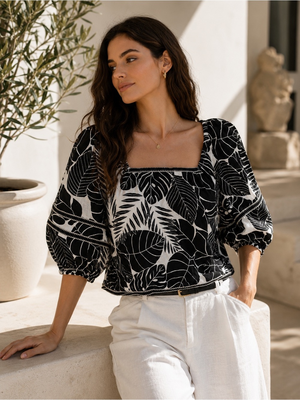 Cynthia Rowley 100% Linen Cropped Puff Sleeve Top NWT Medium Black Floral